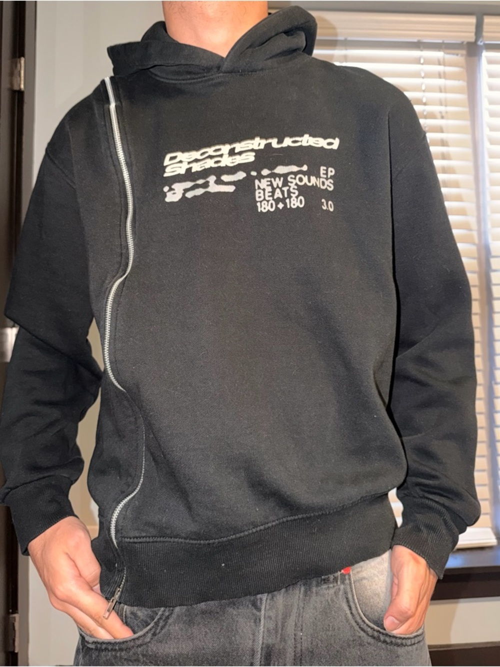 Bershka Black Hooded Zip Sweatshirt with White Graphic